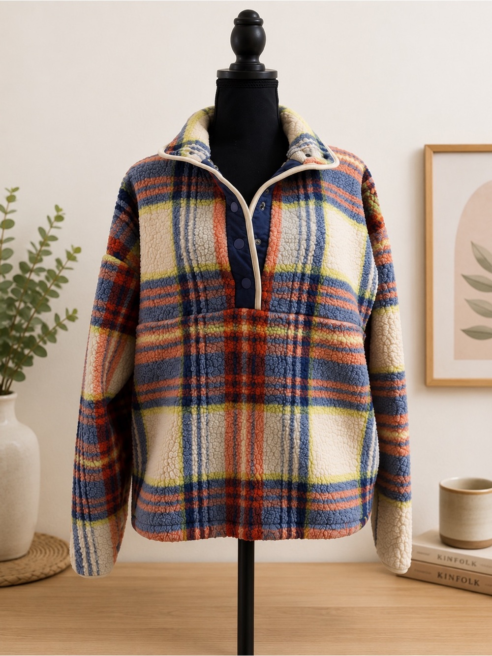American Eagle Outfitters Plaid Teddy Jacket - Blue, Orange, Cream